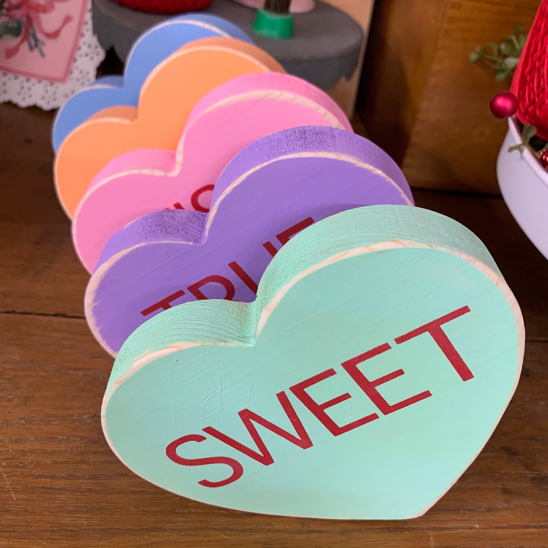 Conversation Hearts Chunky Wood Heart for Valentine Decor on