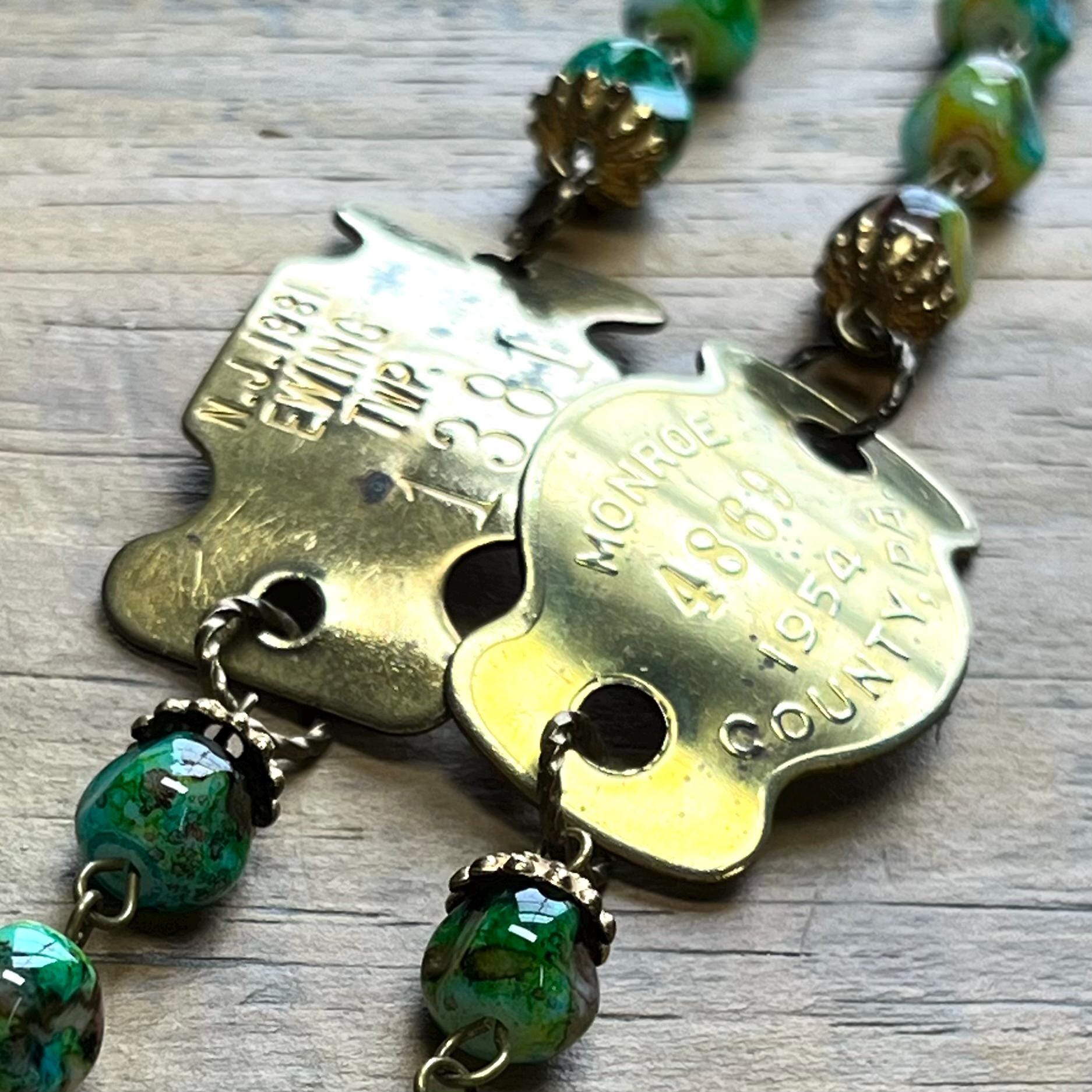 Vintage Brass Dog Tag Bracelet With Green Blue Glass Beads 1954 1981, Upcycled Repurposed Jewelry - Etsy Vintage Brass Dog Tag Bracelet With Green Blue Glass Beads 1954 1981, Upcycled Repurposed Jewelry - Etsy