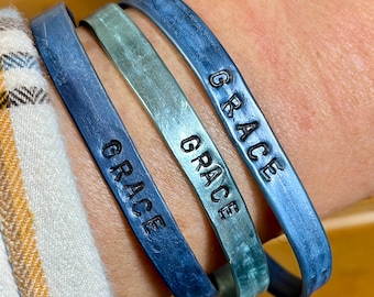 Upcycled Knitting Needle Cuff Bracelet – Hand Stamped GRACE, Minimalist Christian Jewelry