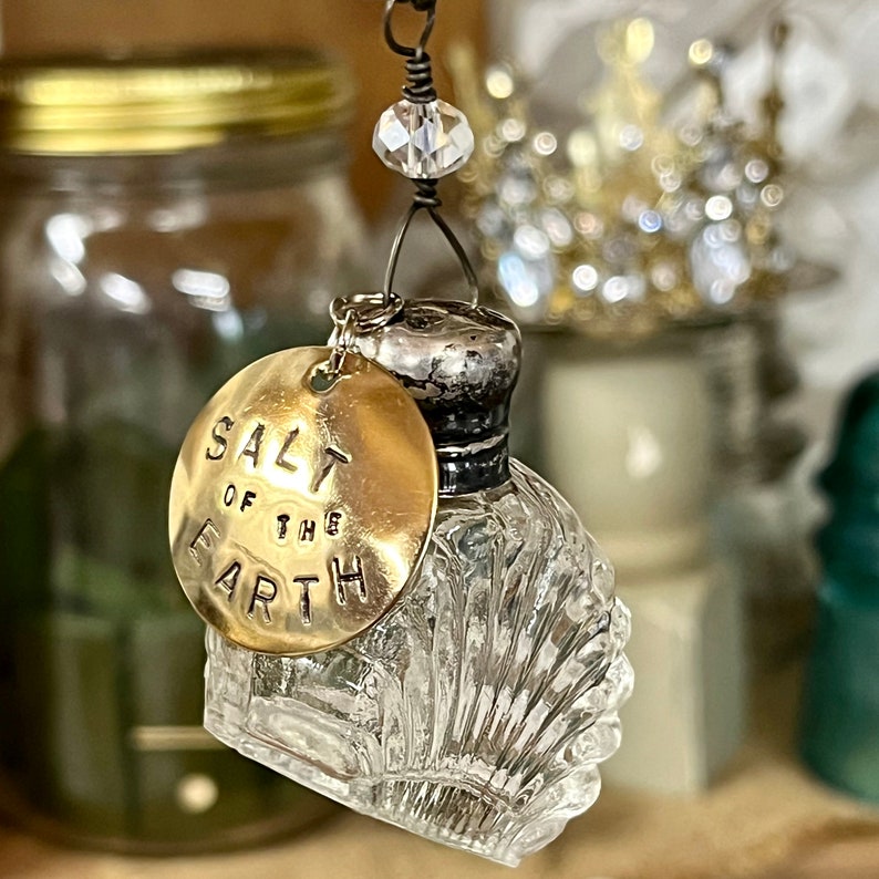 SALT of the EARTH Necklace Vintage Pewter Salt Shaker Hand-stamped Brass Tag Freshwater Pearl on Antiqued Brass Faceted Ball Chain Glass (Off-centered)