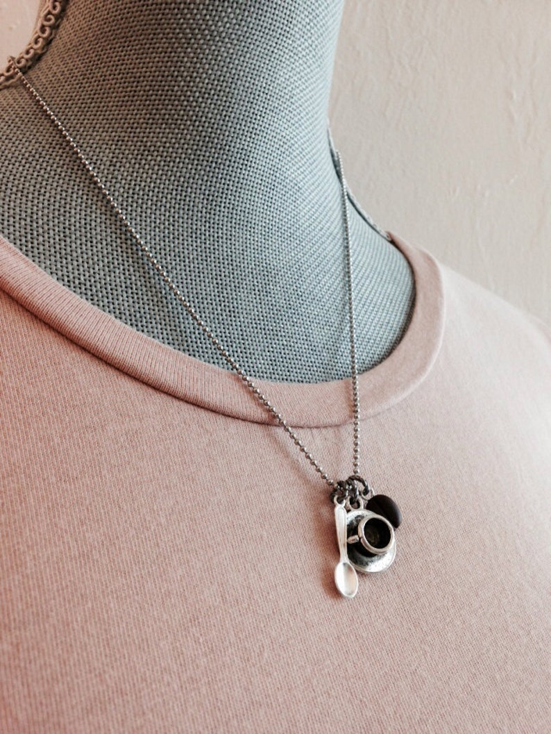 Coffee Necklace Coffee Bean Necklace Coffee Jewelry Coffee Gift for Coffee Lovers Coffee Gift Idea for Mom Barista Gifts Cup Spoon & Bean image 9