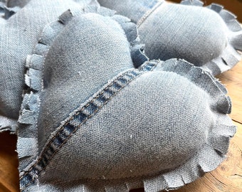 Set of 3 Worn Denim Heart Pillows Blue Jean Heart Pillow Stuffed Heart LOVE Tiered Tray Decor Farm Country Western Baby Nursery Decor Shower