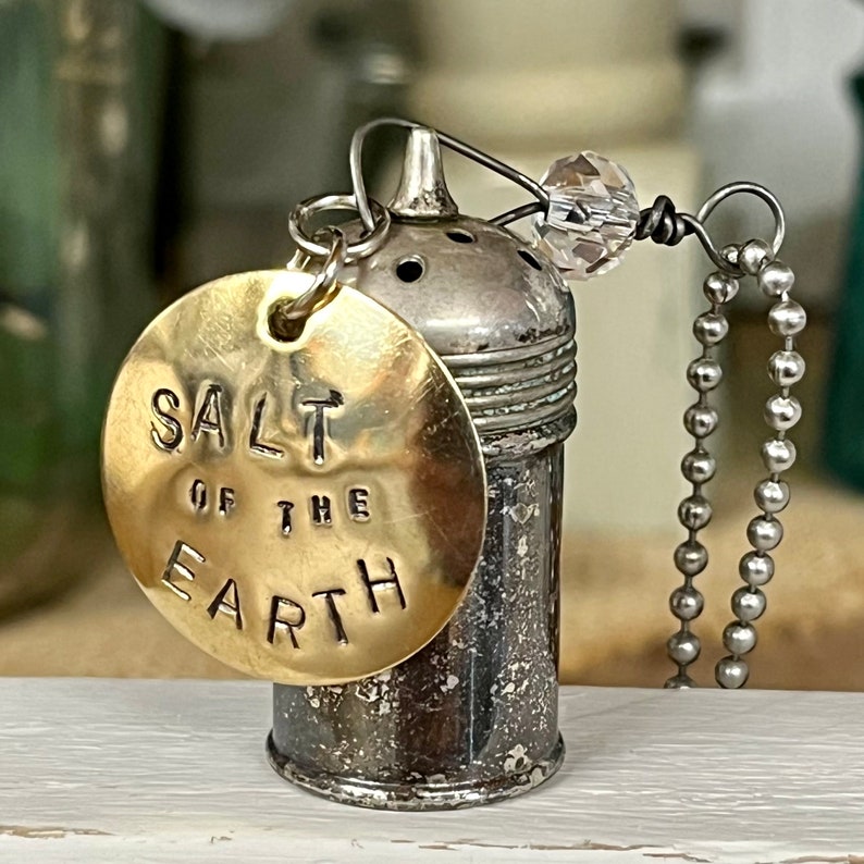 SALT of the EARTH Necklace Vintage Pewter Salt Shaker Hand-stamped Brass Tag Freshwater Pearl on Antiqued Brass Faceted Ball Chain image 6