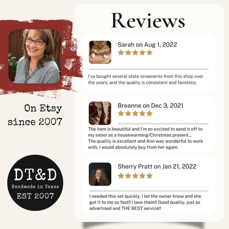 May include: A customer review graphic featuring the title Reviews, three five-star testimonials from Sarah, Breanne, and Sherry Pratt, a portrait of a woman, and text stating On Etsy since 2007 and DT&D Handmade in Texas EST 2007 on a cream background.
