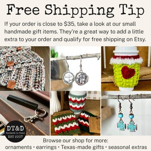 May include: A collage of handmade items including multi-colored knit items with leather tags, silver cross earrings, a lime green crochet cup cozy with a red heart, a black keychain, red and green striped cup cozies, and turquoise cross earrings.