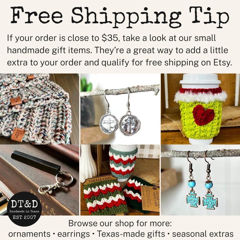 May include: A collage of handmade items including multi-colored knit items with leather tags, silver cross earrings, a lime green crochet cup cozy with a red heart, a black keychain, red and green striped cup cozies, and turquoise cross earrings.