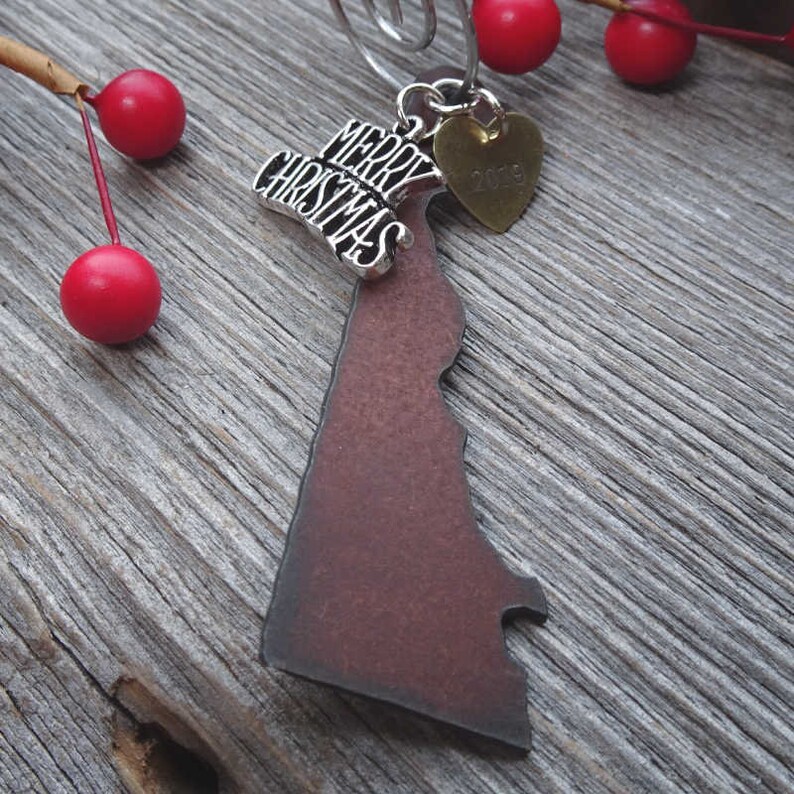 DELAWARE Christmas Ornament SMALL Rustic Hand Stamped Personalized 2019 Gift Idea