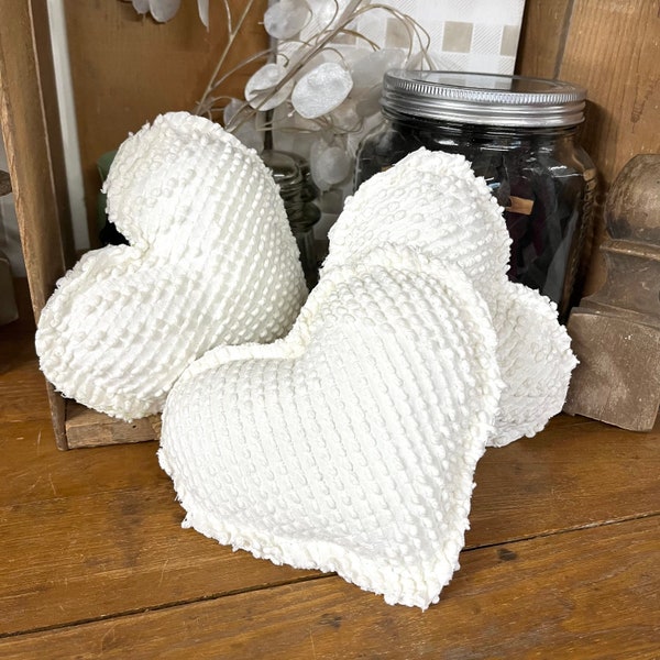 Set of 3 Vintage Chenille Heart Pillow White Fabric Heart Shabby Chic Stuffed Heart LOVE Tiered Tray Decor Romantic CottageCore Cottage Core