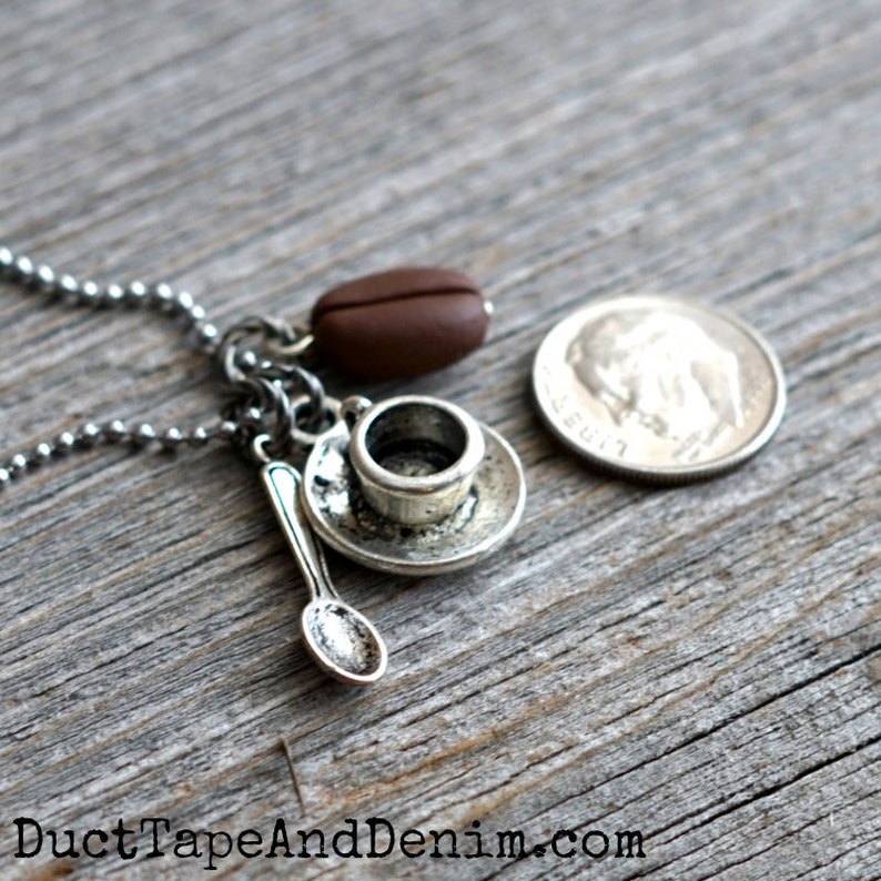 Coffee Necklace Coffee Bean Necklace Coffee Jewelry Coffee Gift for Coffee Lovers Coffee Gift Idea for Mom Barista Gifts Cup Spoon & Bean image 2