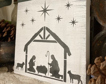 Small Square NATIVITY Sign, Black or White CHRISTMAS Signs/Nativity Scene/Creche/Christmas Carol Hymn/Religious Holiday Decoration/Farmhouse