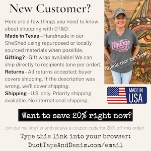 May include: A charcoal grey V-neck t-shirt with the pink text Vintage Soul printed on the front. The image includes text about customer policies, a Made in USA flag graphic, and a URL for a mailing list to receive a 20% discount coupon code.
