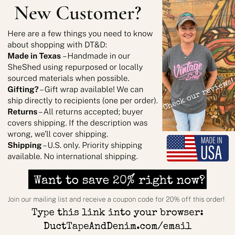 May include: A charcoal grey V-neck t-shirt with the pink text Vintage Soul printed on the front. The image includes text about customer policies, a Made in USA flag graphic, and a URL for a mailing list to receive a 20% discount coupon code.