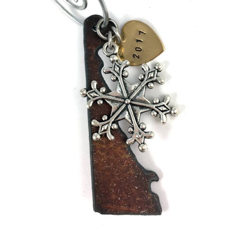 DELAWARE Christmas Ornament SMALL Rustic Hand Stamped Personalized 2019 Gift Idea