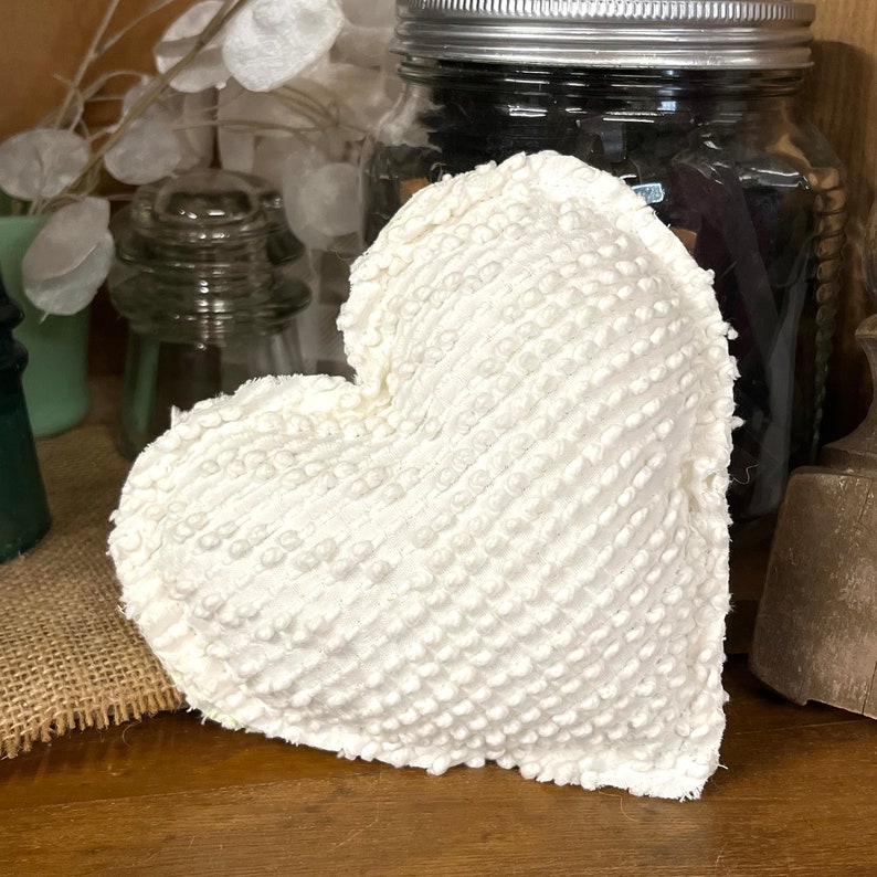 Set of 3 Vintage Chenille Heart Pillow White Fabric Heart Shabby Chic Stuffed Heart LOVE Tiered Tray Decor Romantic CottageCore Cottage Core image 2