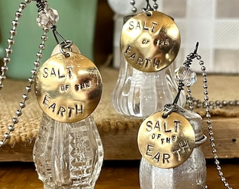 SALT of the EARTH Necklace Vintage Pewter Salt Shaker Hand-stamped Brass Tag Freshwater Pearl on Antiqued Brass Faceted Ball Chain