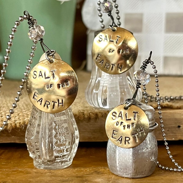 SALT of the EARTH Necklace Vintage Pewter Salt Shaker Hand-stamped Brass Tag Freshwater Pearl on Antiqued Brass Faceted Ball Chain