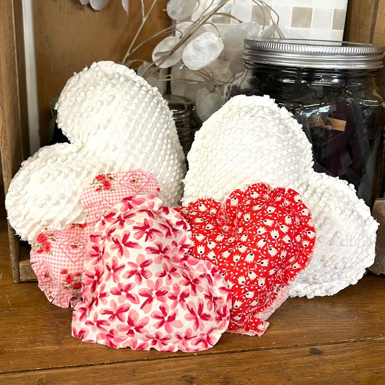 Set of 3 Vintage Chenille Heart Pillow White Fabric Heart Shabby Chic Stuffed Heart LOVE Tiered Tray Decor Romantic CottageCore Cottage Core image 6