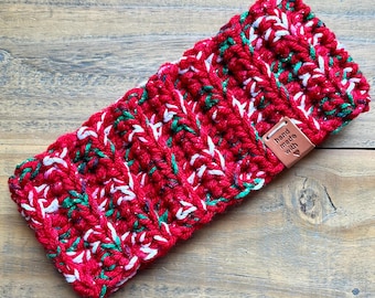 Red Christmas Crochet Ear Warmer Headband, Chunky Handmade Winter Headband, Sparkle Messy Bun Gift for Women Teens