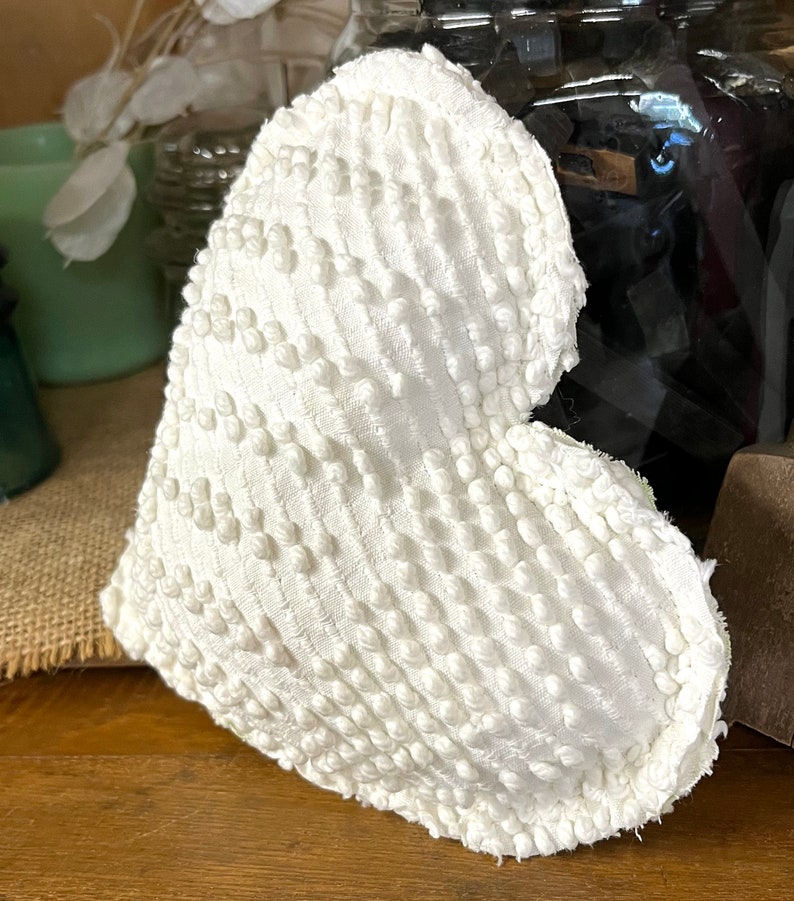 Set of 3 Vintage Chenille Heart Pillow White Fabric Heart Shabby Chic Stuffed Heart LOVE Tiered Tray Decor Romantic CottageCore Cottage Core image 4