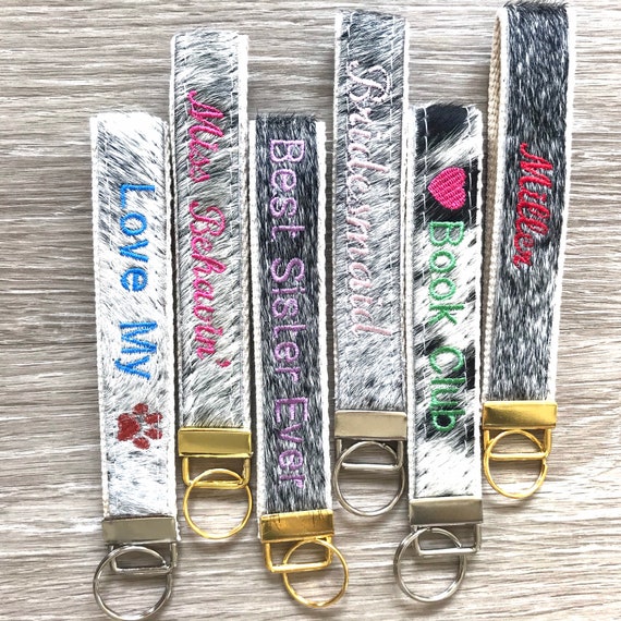 Personalized Cowhide Keychain with Embroidered Name by Whimsy Wendy