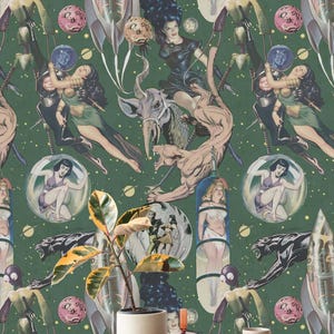 May include: Wallpaper with a repeating pattern of figures, rockets, and orbs on a dark green background. The design features illustrations of people, animals, and celestial elements in a vintage style. The wallpaper is suitable for interior design.