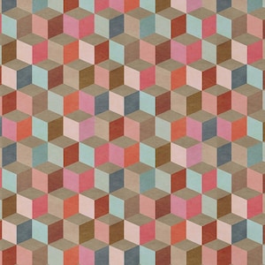 May include: A colorful wallpaper design featuring a repeating pattern of 3D cubes in shades of red, pink, blue, and brown. A white vase with dried flowers sits on a small wooden stool, adding a touch of natural decor.