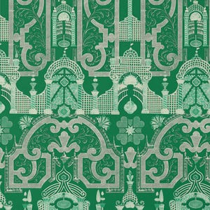 May include: Green and white patterned wallpaper with a repeating design of architectural elements, including arches and columns. A neutral vase with dried stems sits on a wooden stool in front of the wallpaper. The wallpaper pattern is in a repeating design.
