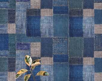 JUTE Wallpaper by MindtheGap – Blue and Natural Patchwork Textured Fabric Design Wallcovering for Bedrooms, Living Rooms, and Studies