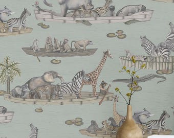 Zambezi Multi Wallpaper – Whimsical African River Scene with Safari Animals in Soft Greens and Neutrals for Serene Interiors