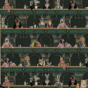 May include: Dark green wallpaper with a repeating pattern of animals in a bar. The animals, including dogs and cats, are dressed in formal attire. The wallpaper has gold accents, creating a whimsical and elegant design. The scene includes a bar and bottles.