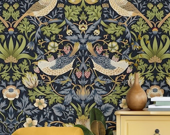 William Morris Strawberry Thief Wallpaper: Art Nouveau Bird Print