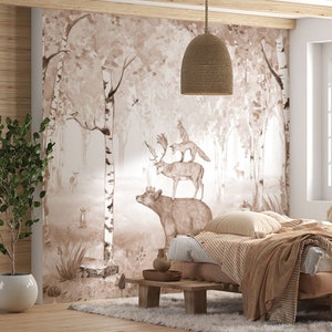 Bear King Wallpaper - Black and White Forest Animals and Trees, Peel and Stick, Eco-Friendly Wall Covering for Monochrome Interiors