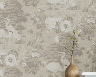 Izumi Cream Wallpaper – Elegant Toile Garden Scene with Cranes, Blossoms and Soft Neutrals for Calm, Refined Interiors
