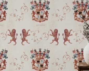 Heraldry Premium Wallpaper by MindtheGap – Vintage Noble Crest and Lion Emblem Wallcovering for Office, Library, or Living Room Decor