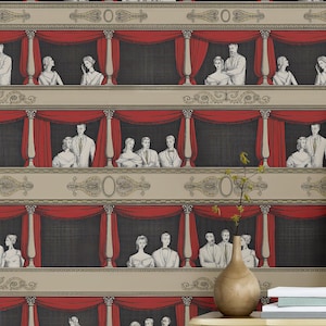 May include: Wallpaper with a repeating theatre box design, featuring red curtains and monochrome figures. A framed botanical print and a yellow chest of drawers with black handles are in the foreground.