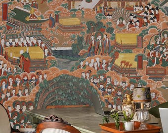 Eight Scenes Buddha Life Wallpaper – Traditional Korean Buddhist Mural with Temples, Ceremonies and Divine Figures for Spiritual Serenity
