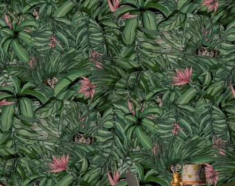 Monkey Forest Dark Green & Pink Wallpaper – Lush Tropical Leaves with Hidden Monkeys and Pink Blooms for Bold Jungle-Inspired Interiors