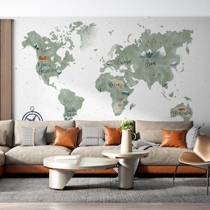 Scandi Map Wallpaper - Maps & Cities, Seven Continents, Mountains, Trees, Peel and Stick, Eco-Friendly Wall Covering for Modern Home Decor