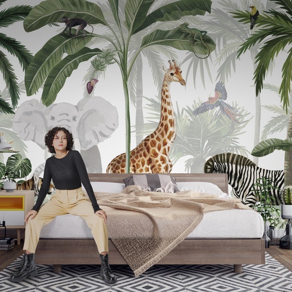 Jungle Jive Animals Wallpaper - Giraffe, Zebra, Monkey, Birds, Trees, Plants, Peel & Stick, Eco-Friendly Wall Covering for Vibrant Interiors