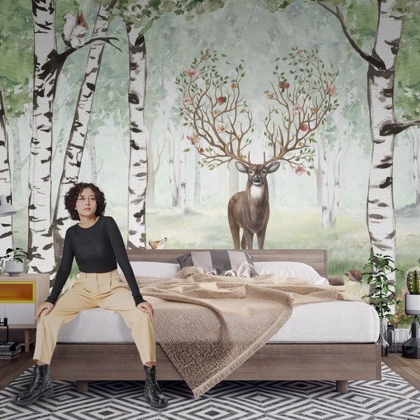 Amazing Antlers Deer Wallpaper - Summer Woodland Forest, Green Leaves, Peel and Stick, Eco-Friendly Wall Covering for Nature-Themed Decor