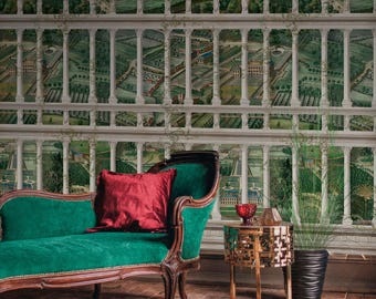 Fairyland Nature Wallpaper – Architectural Countryside Scenic Wallpaper with Classical Columns Overlooking Vibrant Gardens and Estates