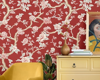 Papel de parede floral vermelho: design botânico elegante, disponível para descascar e colar