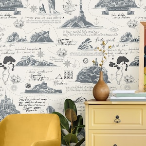 Vintage Nautical Map Wallpaper Featuring Mont Saint-Michel with Handwritten Notes – For Coastal, Nautical, and Historical-Themed Interiors