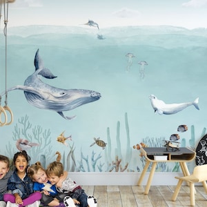 Secret Sealife Wallpaper - Underwater Scene with Blue Whale, Dolphin, Nursery Peel and Stick, Eco-Friendly Wall Covering for Kids&#39; Room