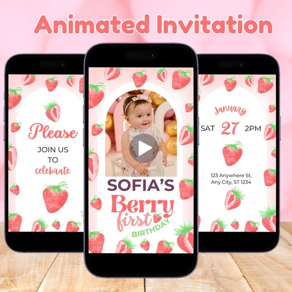 Berry First Birthday Video Invitation, Animated Birthday Invitation, Editable Video Invitation Canva Template, Girl Berry 1st Birthday Party