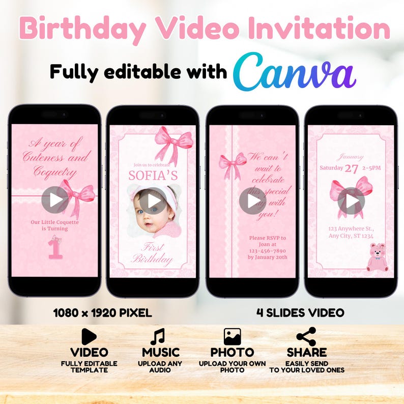 Pink Coquette Bow, Coquette Invitation, Coquette Birthday, Bow Invite First Birthday, Girl 1st Birthday, Animated Birthday, Video Invitation - Fully Editable with Canva. Upload Audio, Add your own photo, Share with your loved ones