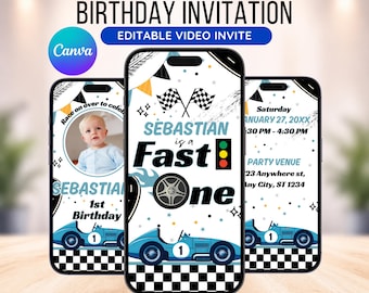 Editable Fast One Race Car Birthday Video Invitation, Blue Race Car Theme Birthday Party Animated Invite, Boy 1st Birthday Canva Template