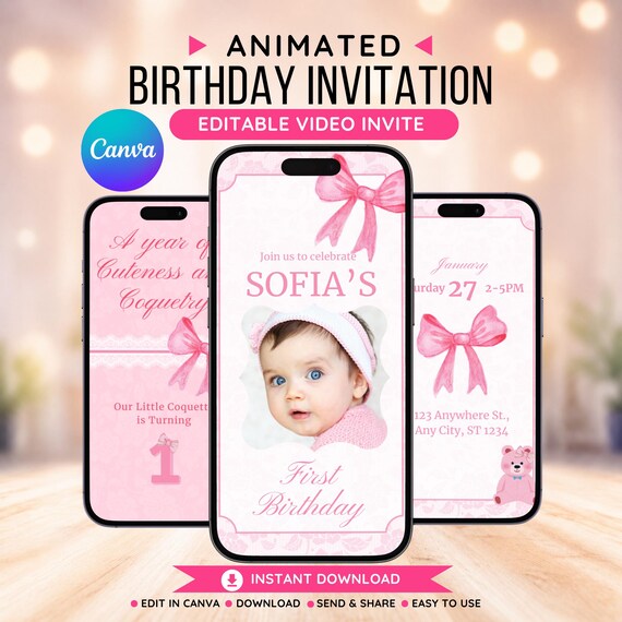 Pink Coquette Bow, Coquette Invitation, Coquette Birthday, Bow Invite First Birthday, Girl 1st Birthday, Animated Birthday, Video Invitation