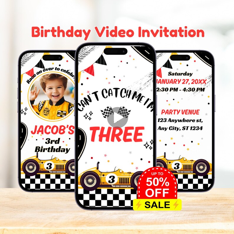 Editable Race Car 3rd Birthday Animated Video Invitation (digital Canva ...