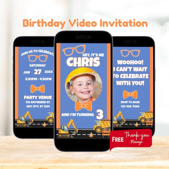 Editable Construction Birthday Invitation, Excavator Birthday Party, Bow Tie And Glasses, Blue And Orange, Animated Invite, Canva Template